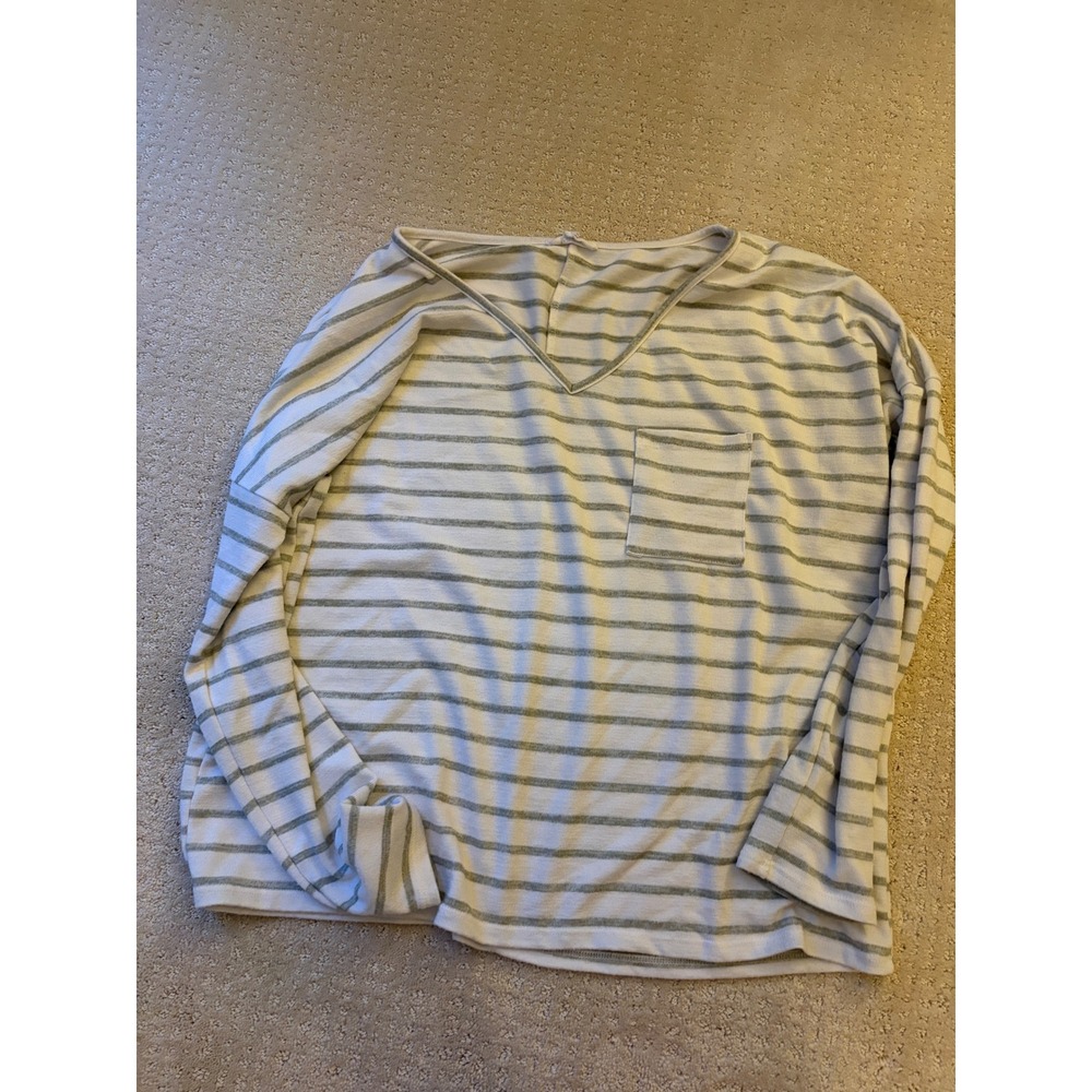 Korye‎ Womens Striped V-Neck Long Sleeve Pocket Top White Green Size Medium